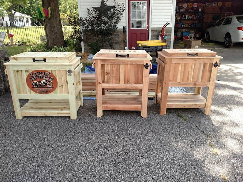 All Weather 48 Quart Antiqued Cedar Cooler Stand with Brass Drain. Bottle Opener and Cap Catcher. Beer Cooler.