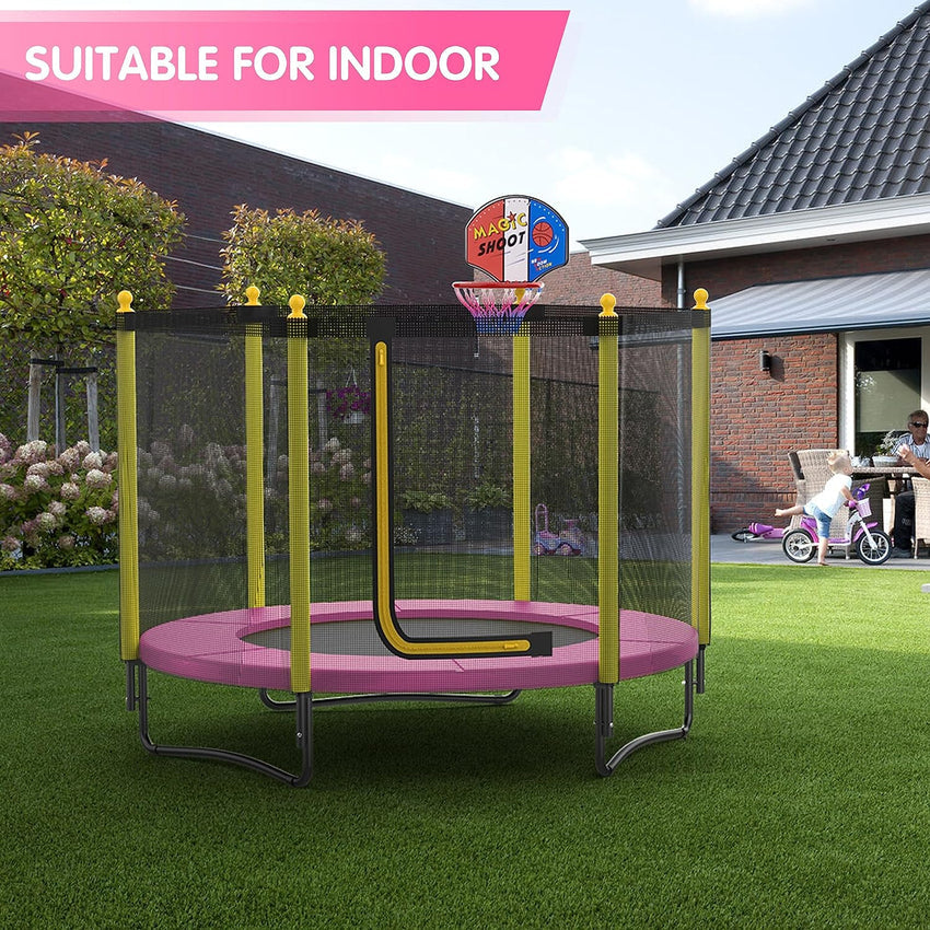 60 Kids Trampoline with Safety Enclosure Net. 5FT Toddler Indoor & Outdoor Trampoline/w Basketball Hoop - Parent-Child Interactive Game Fitness Trampoline Toy Gift for Boys and Girls Age 1-8