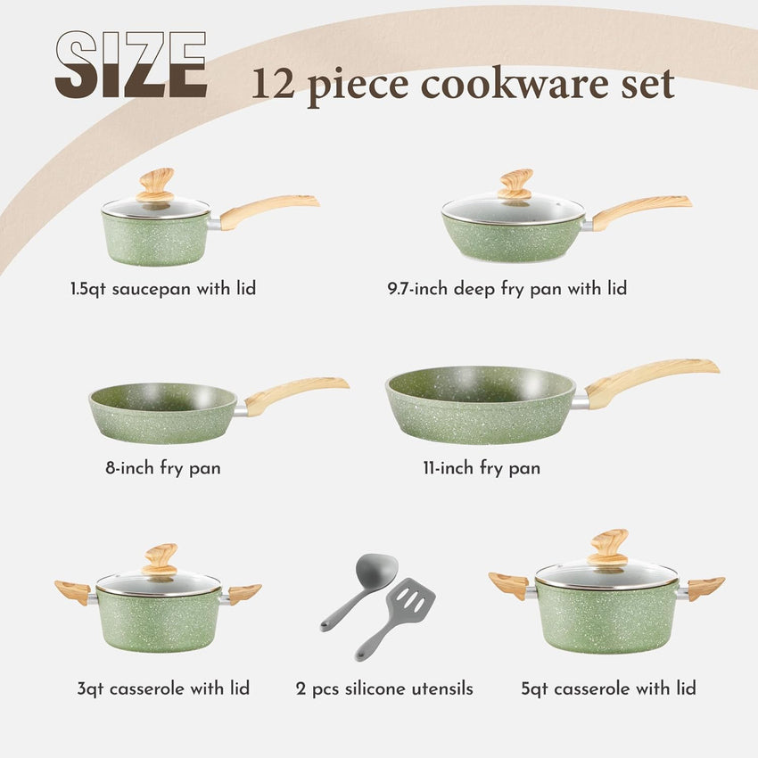 Kitchen Academy Induction Cookware Sets - 12 Piece Green Cooking Pan Set. Granite Nonstick Pots and Pans Set