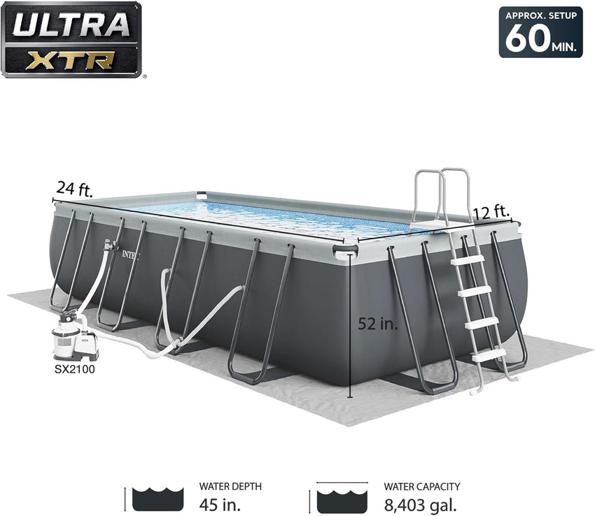 Rectangular Frame Above Ground Outdoor Swimming Pool Set with 1200 GPH Sand Filter Pump. Pool Cover and Ladder