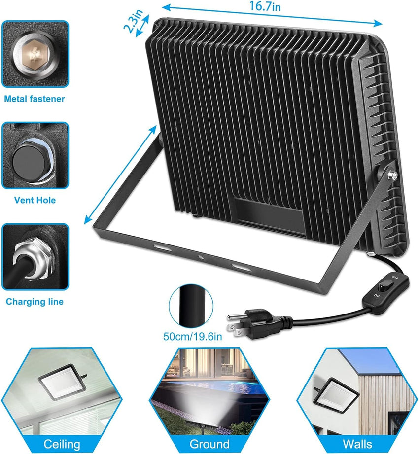 3 Pack 200W LED Flood Light.Super Bright Exterior Security Lights With Plug.IP66 Waterproof Outdoor Flood Light. 22800lm 5000K Daylight White Floodlight for Yard. Garden.Basketball Court. Arena