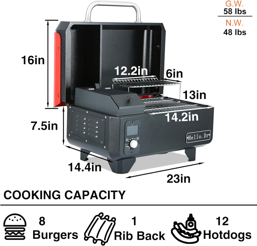 Portable Wood Pellet Grill and Smoker.Electric Outdoor 8 in 1 Tabletop Grills for RV Camping Tailgating RV Cooking BBQ. Intelligent Temperature Control and Superheated Steam Technology