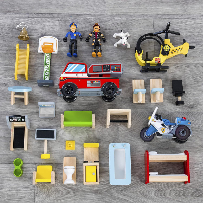 Wooden play set. 3 levels. with 26 accessories. folds for storage