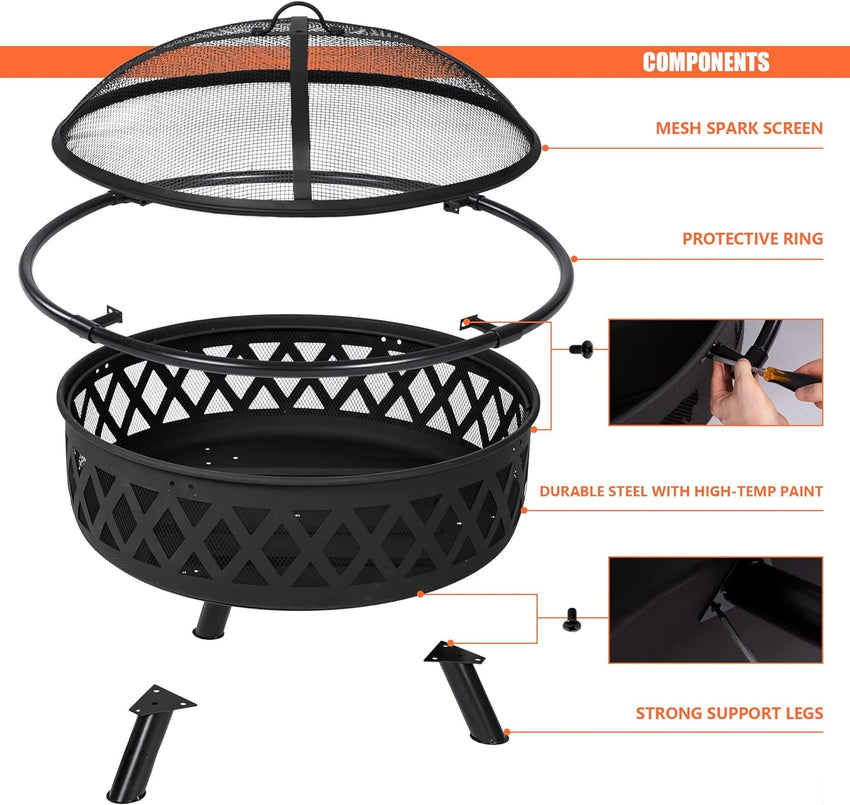 SUNCREAT 42 Patio Fire Pit Wood Burning with Mesh Spark Screen. Bonfire Outdoor firepit with Fireplace Poker. Black