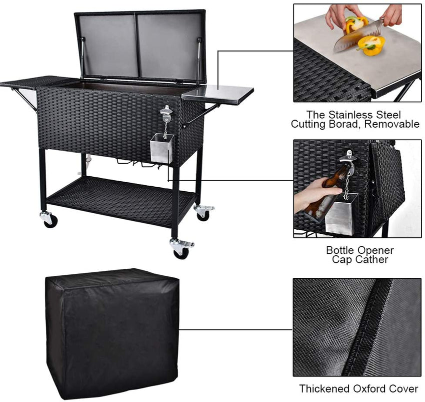 80 Quart Rattan Rolling Cooler Cart. Portable Wicker Cooler Trolley. Backyard Party Drink Beverage Bar