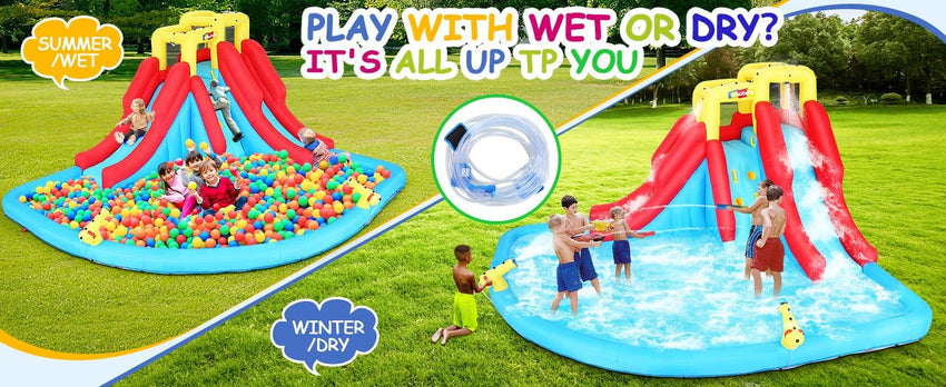 Inflatable Water Slides for Kids 8-in-1 Bounce House Water Park with 450W Blower Climbing Wall. Splash Pool. 2 Water Cannons. Basketball Hoop. Water Slide. Crocodile Sprinkler for Gift Backyard Party