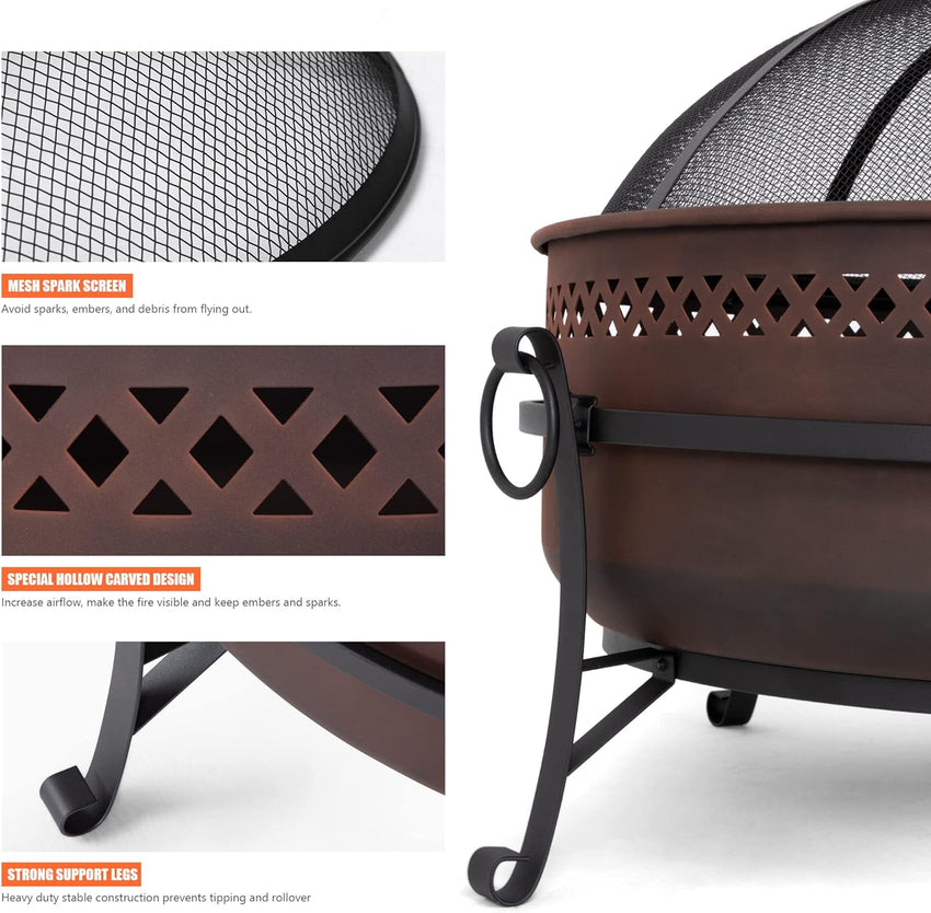 SUNCREAT 42 Patio Fire Pit Wood Burning with Mesh Spark Screen. Bonfire Outdoor firepit with Fireplace Poker. Black