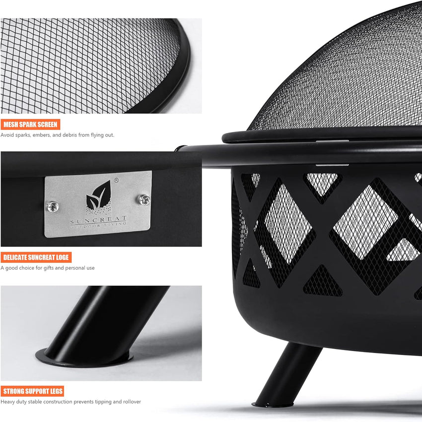 SUNCREAT 42 Patio Fire Pit Wood Burning with Mesh Spark Screen. Bonfire Outdoor firepit with Fireplace Poker. Black