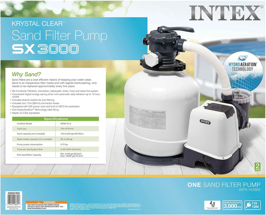Intex 26651EG Krystal Clear 16 Inch 3.000 GPH Above Ground Pool Sand Filter Pump with Automatic Timer. GFCI. and 6 Function Control. Gray