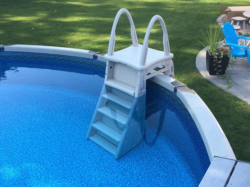 Confer Plastics 7200 Roll Guard 48 to 56 Adjustable A Frame Safety Ladder For Above Ground Outdoor Patio Swimming Pool Platform Ladder with Step Barrier. Warm Grey