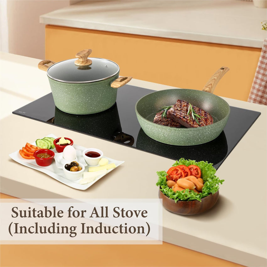 Kitchen Academy Induction Cookware Sets - 12 Piece Green Cooking Pan Set. Granite Nonstick Pots and Pans Set