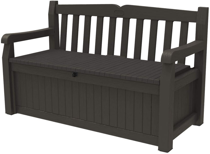 Keter Solana 70 Gallon Storage Bench Deck Box for Patio Furniture. Front Porch Decor and Outdoor Seating – Perfect to Store Garden Tools and Pool Toys. Brown