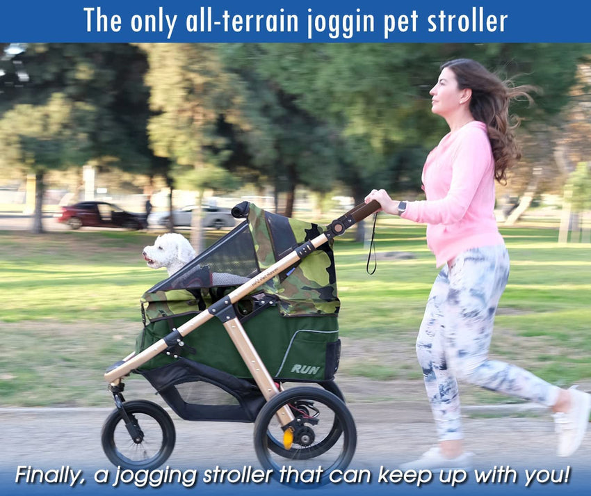 Jogging Sports Stroller with Comfort Rubber Wheels/Zipper-Less Entry/1-Hand Quick Fold/Aluminum Frame for Small/Medium Dogs. Cats and Pets (Green Camo)
