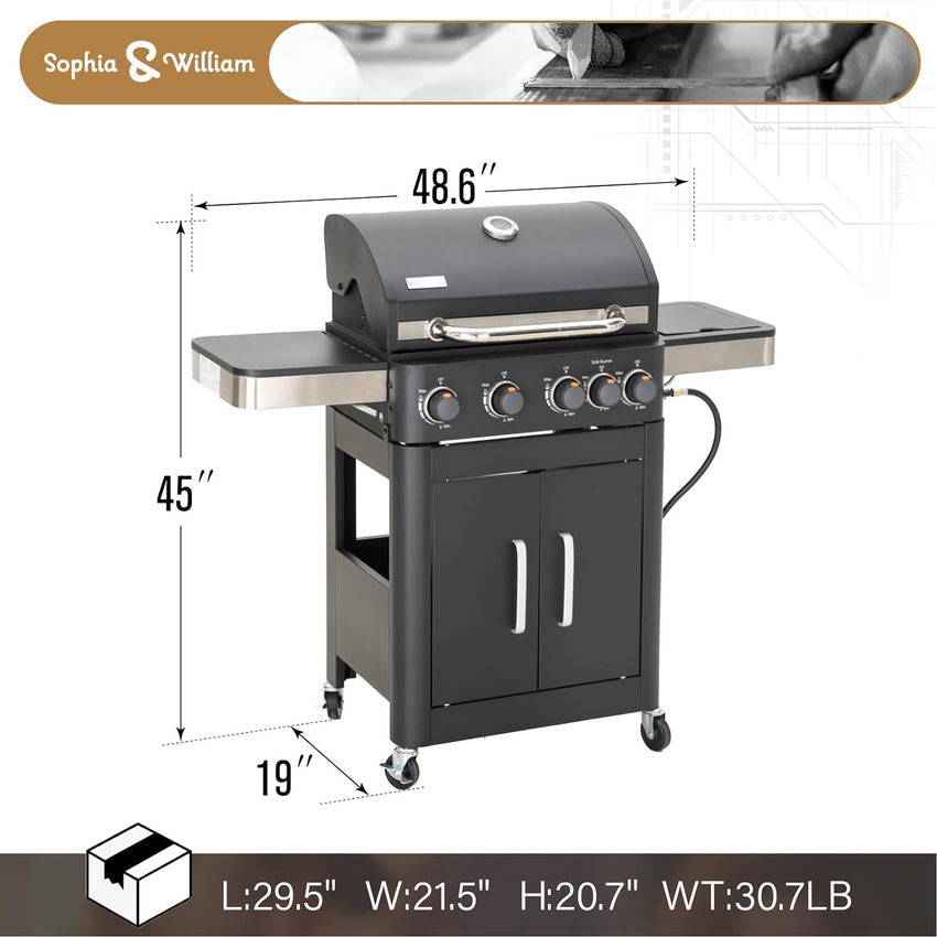 Burner Gas grill with side burner and enameled cast iron grille 42.000BTU outdoor cooking stainless steel propane grill Garden grill. silver