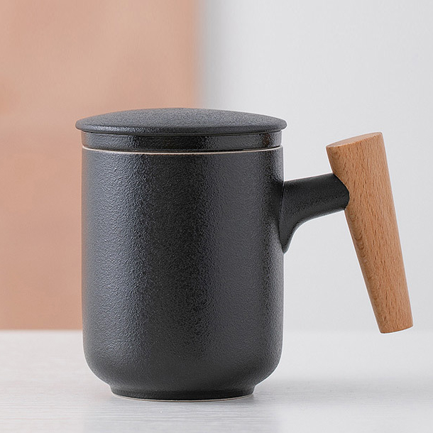 Kovat Minimalist Frosted Ceramic Tea Mug with Wood Handle. Infuser and Lid - 400ml Matte Porcelain Coffee Cup