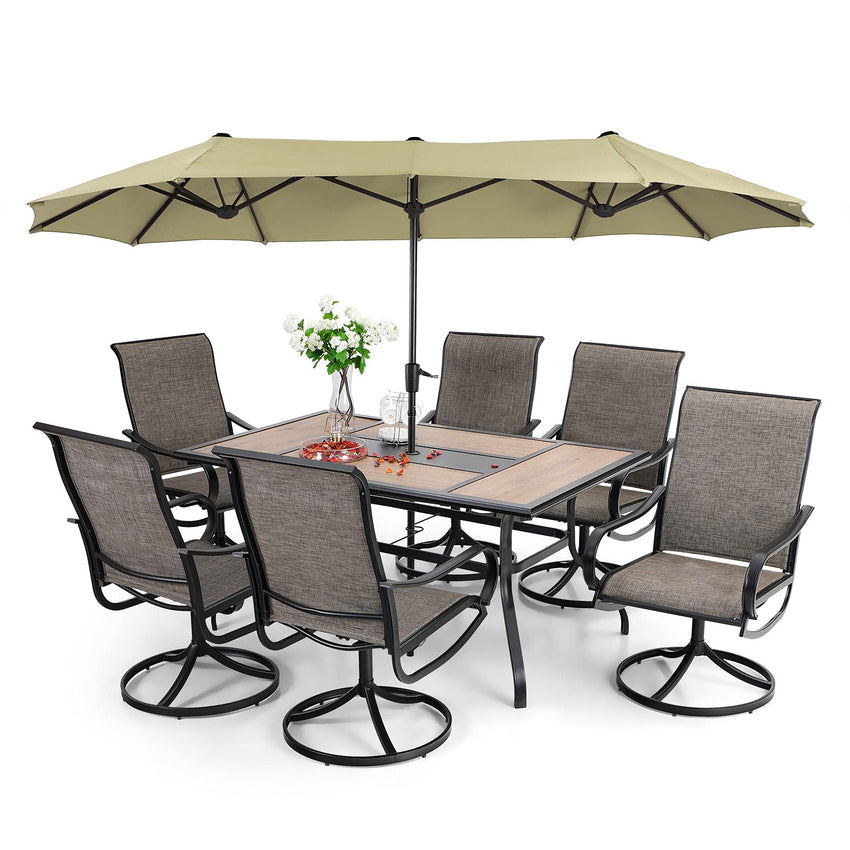8 Pieces Patio Dining Set with Umbrella.Outdoor Furniture Set with 6 Sling Dining Swivel Chairs