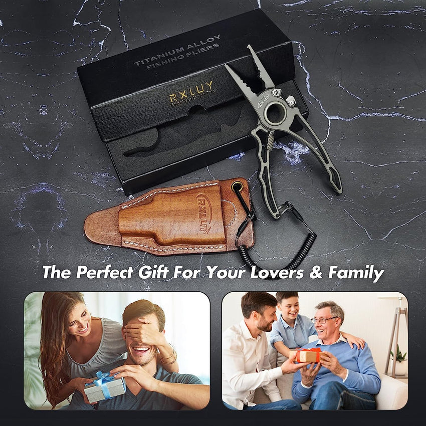 RXLUY Titanium Fishing Pliers. Premium Saltwater Fishing Gear. Tungsten Cutters. Split Ring Hook Remover. Knot Tying Tool with Lanyard. Ice Fishing. Sea Fishing Kit Gifts for Men