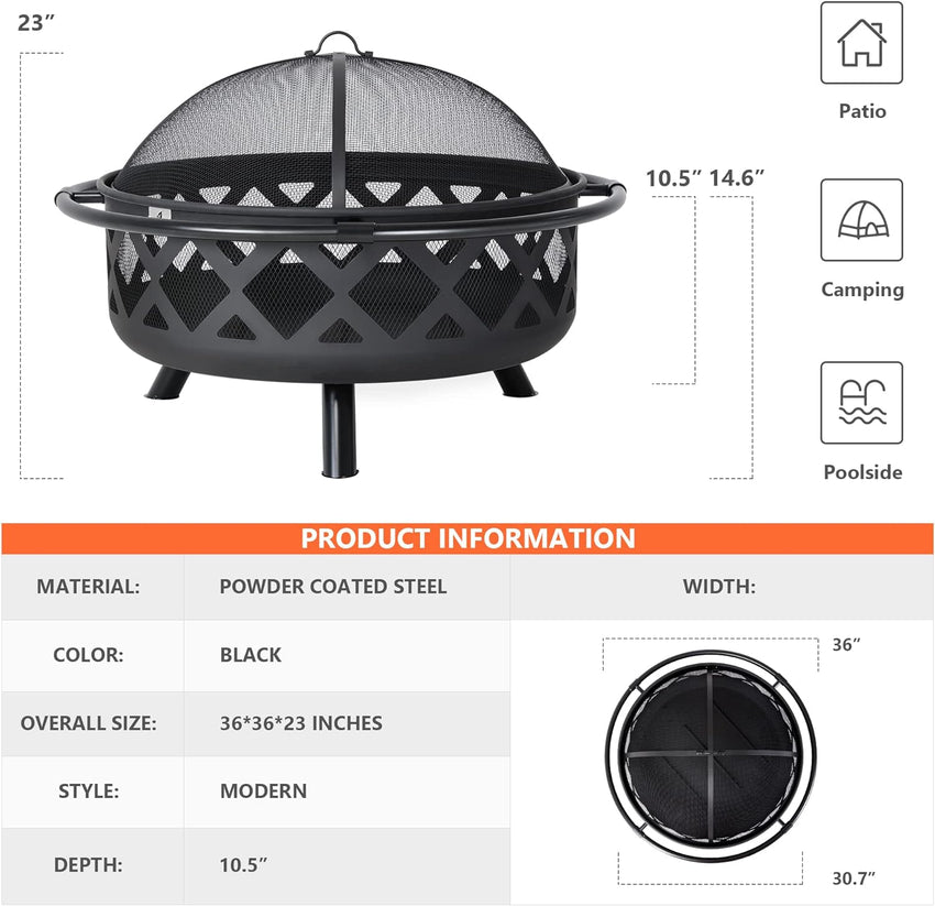 SUNCREAT 42 Patio Fire Pit Wood Burning with Mesh Spark Screen. Bonfire Outdoor firepit with Fireplace Poker. Black