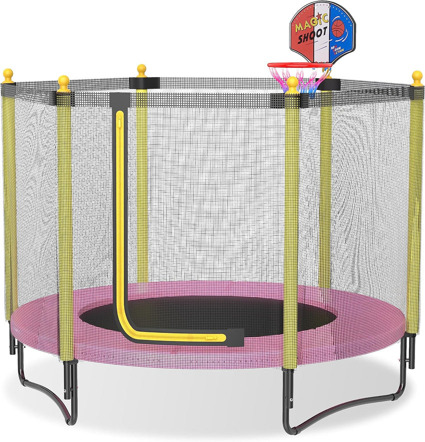 60 Kids Trampoline with Safety Enclosure Net. 5FT Toddler Indoor & Outdoor Trampoline/w Basketball Hoop - Parent-Child Interactive Game Fitness Trampoline Toy Gift for Boys and Girls Age 1-8