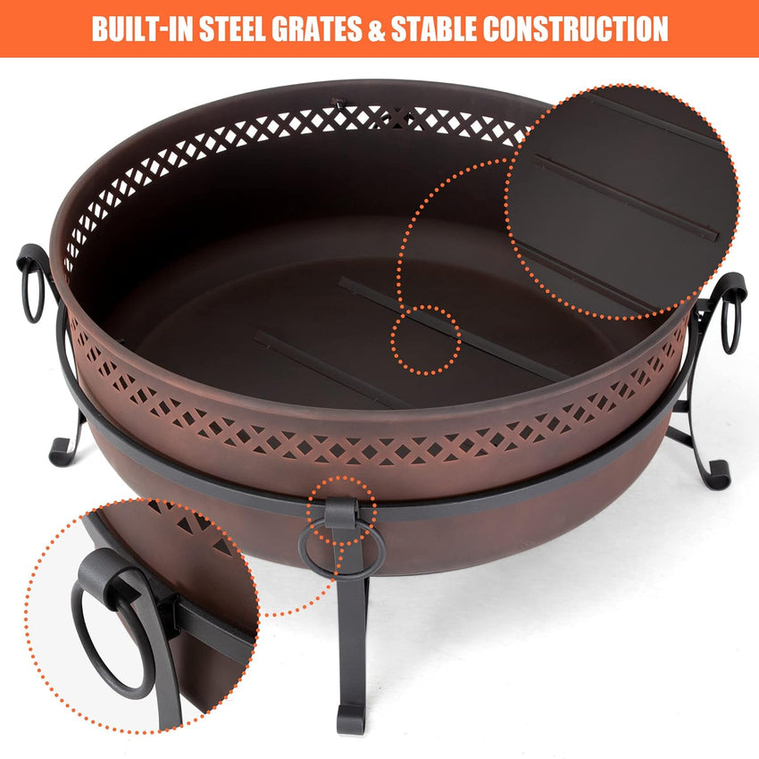 SUNCREAT 42 Patio Fire Pit Wood Burning with Mesh Spark Screen. Bonfire Outdoor firepit with Fireplace Poker. Black