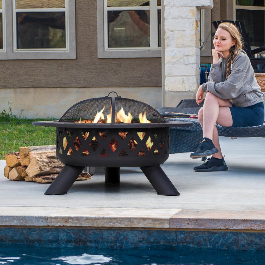 SUNCREAT 42 Patio Fire Pit Wood Burning with Mesh Spark Screen. Bonfire Outdoor firepit with Fireplace Poker. Black