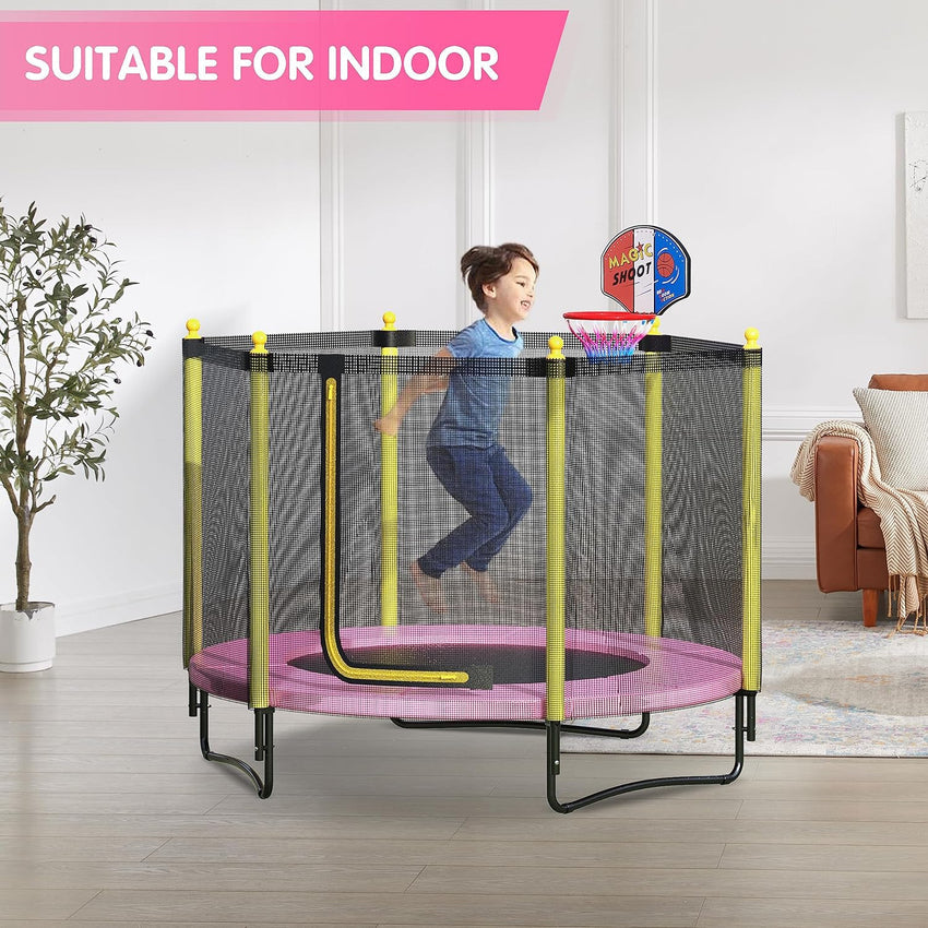 60 Kids Trampoline with Safety Enclosure Net. 5FT Toddler Indoor & Outdoor Trampoline/w Basketball Hoop - Parent-Child Interactive Game Fitness Trampoline Toy Gift for Boys and Girls Age 1-8