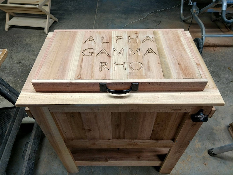 All Weather 48 Quart Antiqued Cedar Cooler Stand with Brass Drain. Bottle Opener and Cap Catcher. Beer Cooler.