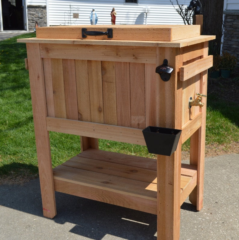 All Weather 48 Quart Antiqued Cedar Cooler Stand with Brass Drain. Bottle Opener and Cap Catcher. Beer Cooler.