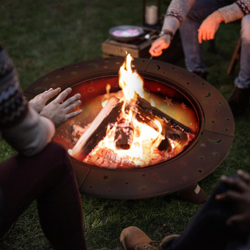 SUNCREAT 42 Patio Fire Pit Wood Burning with Mesh Spark Screen. Bonfire Outdoor firepit with Fireplace Poker. Black