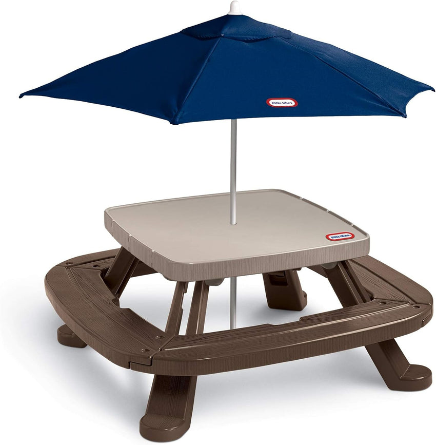 Picnic table with market umbrella. brown