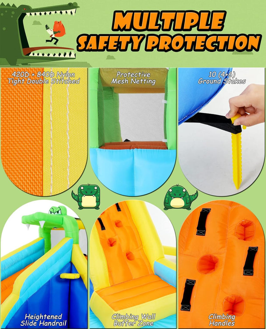 Inflatable Water Slides for Kids 8-in-1 Bounce House Water Park with 450W Blower Climbing Wall. Splash Pool. 2 Water Cannons. Basketball Hoop. Water Slide. Crocodile Sprinkler for Gift Backyard Party