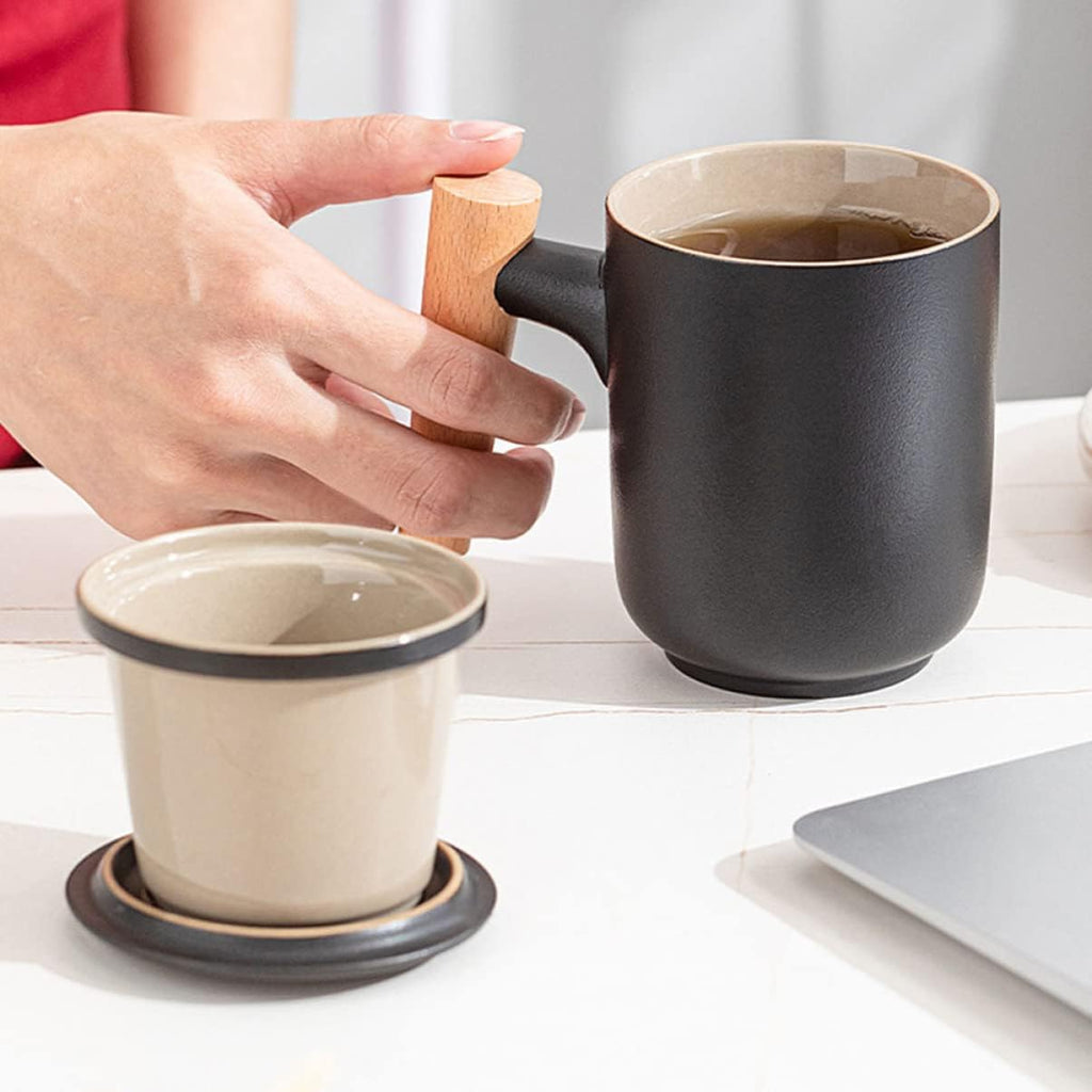 Kovat Minimalist Frosted Ceramic Tea Mug with Wood Handle. Infuser and Lid - 400ml Matte Porcelain Coffee Cup