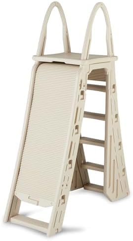 Confer Plastics 7200 Roll Guard 48 to 56 Adjustable A Frame Safety Ladder For Above Ground Outdoor Patio Swimming Pool Platform Ladder with Step Barrier. Warm Grey