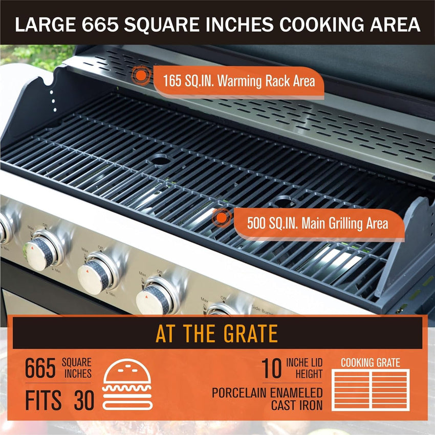 Burner Gas grill with side burner and enameled cast iron grille 42.000BTU outdoor cooking stainless steel propane grill Garden grill. silver