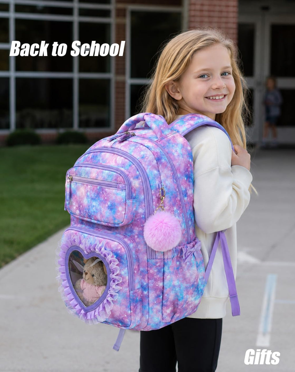 Kids Backpack for Girls Ages 6-12 with Sweet Heart Pocket