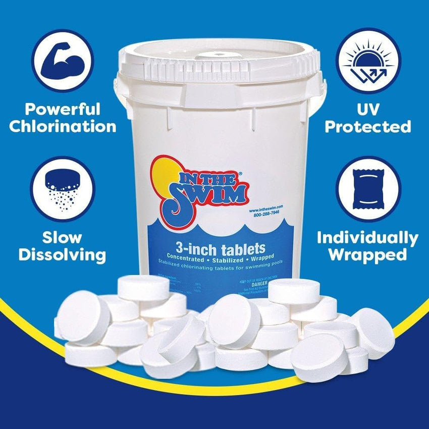 In The Swim 3 Inch Stabilized Chlorine Tablets for Sanitizing Swimming Pools - Individually Wrapped. Slow Dissolving - 90% Available Chlorine - Tri-Chlor - 50 Pounds