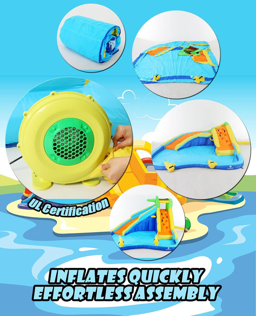 Inflatable Water Slides for Kids 8-in-1 Bounce House Water Park with 450W Blower Climbing Wall. Splash Pool. 2 Water Cannons. Basketball Hoop. Water Slide. Crocodile Sprinkler for Gift Backyard Party