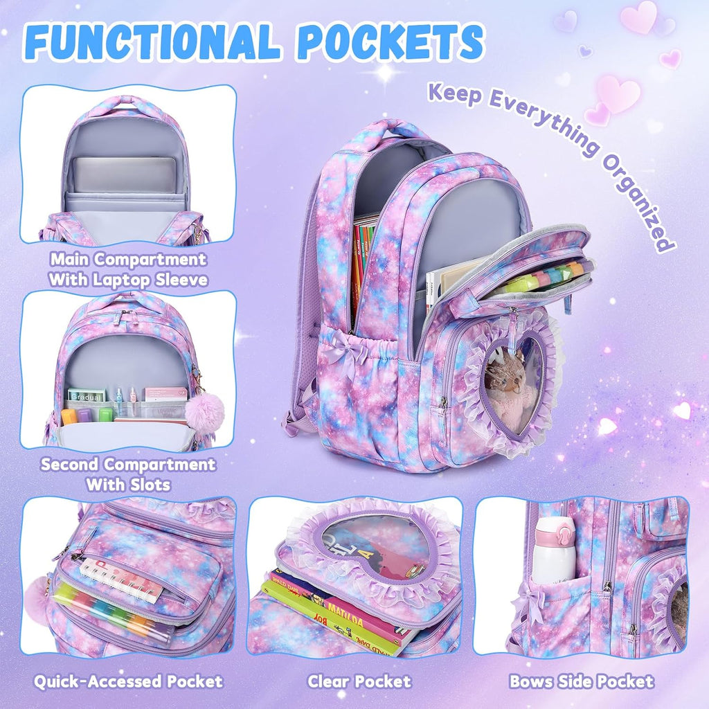 Kids Backpack for Girls Ages 6-12 with Sweet Heart Pocket