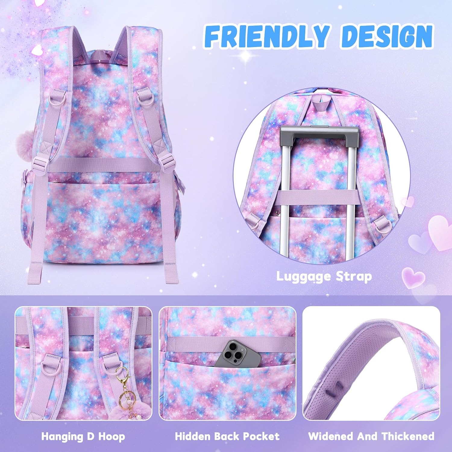 Kids Backpack for Girls Ages 6-12 with Sweet Heart Pocket