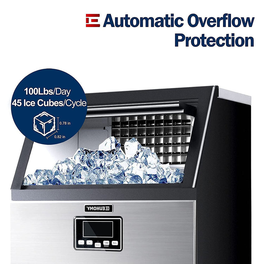 Euhomy Commercial Ice Machine. 2 Way Water Supply 100lbs/24H Stainless Steel Under Counter ice Machine with 33lbs Capacity