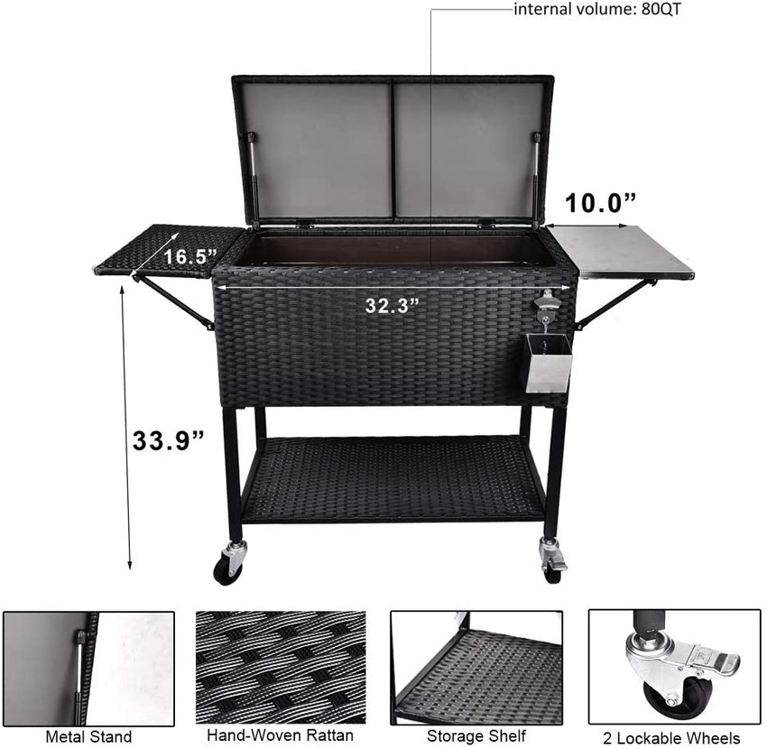 80 Quart Rattan Rolling Cooler Cart. Portable Wicker Cooler Trolley. Backyard Party Drink Beverage Bar