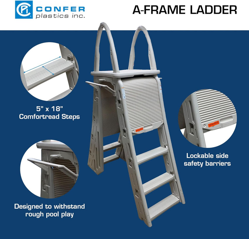 Confer Plastics 7200 Roll Guard 48 to 56 Adjustable A Frame Safety Ladder For Above Ground Outdoor Patio Swimming Pool Platform Ladder with Step Barrier. Warm Grey