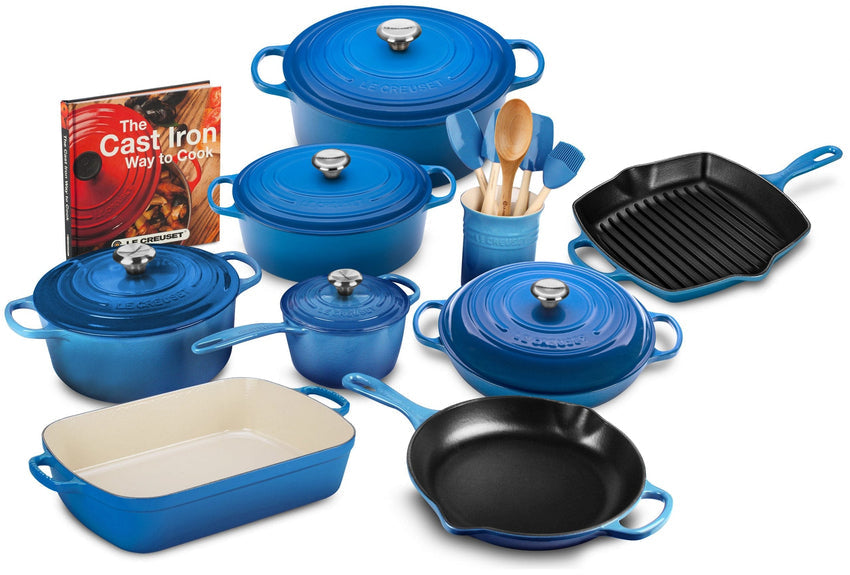 20-piece Signature Cast Iron Cookware Set.10.25′′ Skillet.1.75-quart Saucepan with Lid