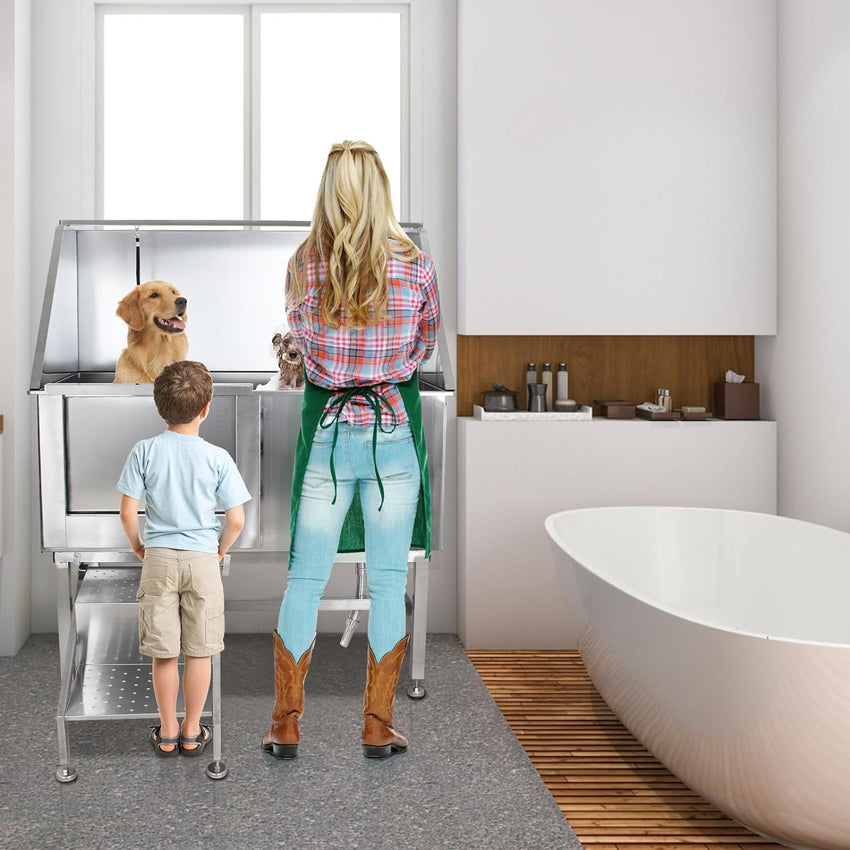 50 Dog Wash Bathtub. Pet Wash Station. Professional Stainless Steel Dog Grooming Tub with Ramp. Faucet. Sprayer. Drain Kit. Right Door