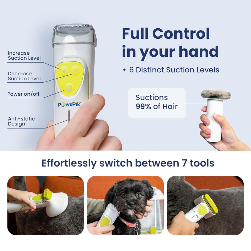 Professional Pet Grooming Vacuum Kit. Dogs & Cats. Direct Handheld Control. 7 Grooming Tools. 6 Suction Levels. Large 2.2L Dust Bin. UL. HEPA Filter