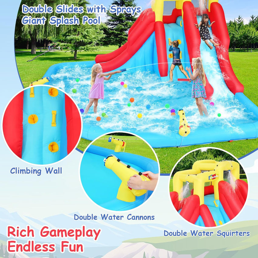 Inflatable Water Slides for Kids 8-in-1 Bounce House Water Park with 450W Blower Climbing Wall. Splash Pool. 2 Water Cannons. Basketball Hoop. Water Slide. Crocodile Sprinkler for Gift Backyard Party