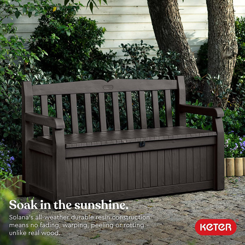 Keter Solana 70 Gallon Storage Bench Deck Box for Patio Furniture. Front Porch Decor and Outdoor Seating – Perfect to Store Garden Tools and Pool Toys. Brown