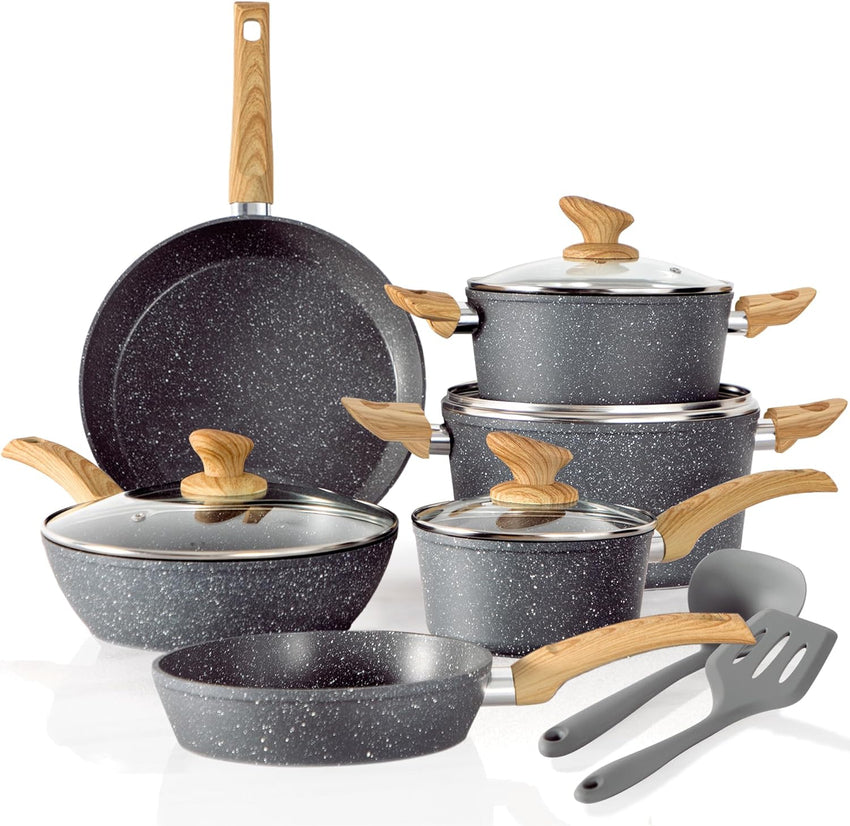 Kitchen Academy Induction Cookware Sets - 12 Piece Green Cooking Pan Set. Granite Nonstick Pots and Pans Set
