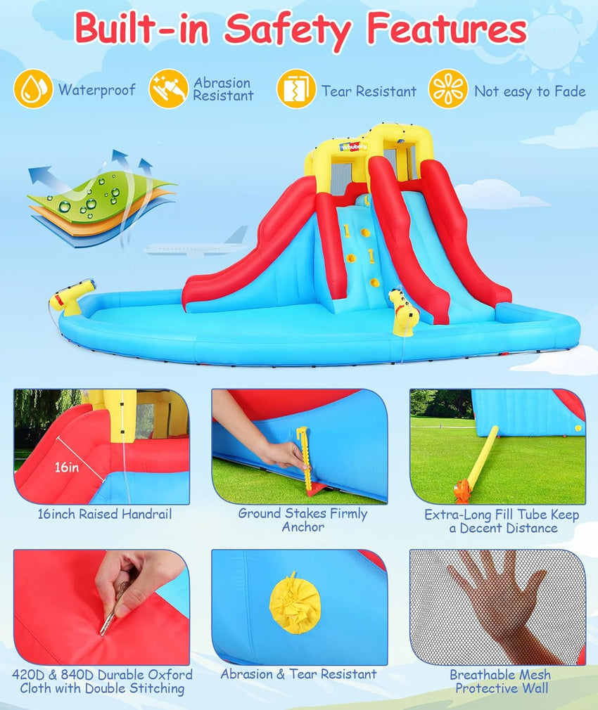 Inflatable Water Slides for Kids 8-in-1 Bounce House Water Park with 450W Blower Climbing Wall. Splash Pool. 2 Water Cannons. Basketball Hoop. Water Slide. Crocodile Sprinkler for Gift Backyard Party