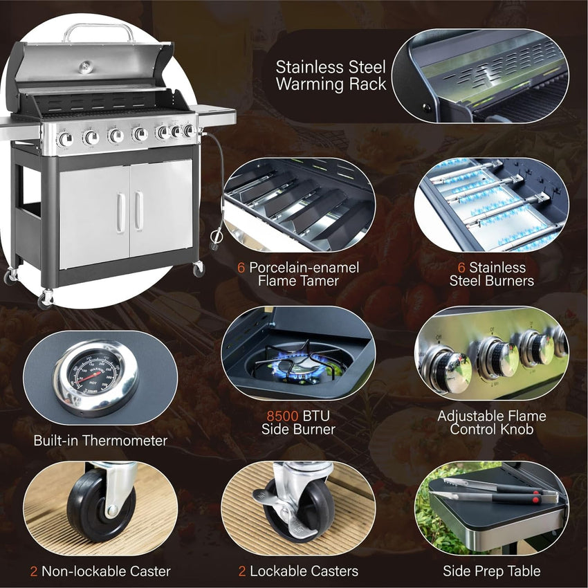 Burner Gas grill with side burner and enameled cast iron grille 42.000BTU outdoor cooking stainless steel propane grill Garden grill. silver